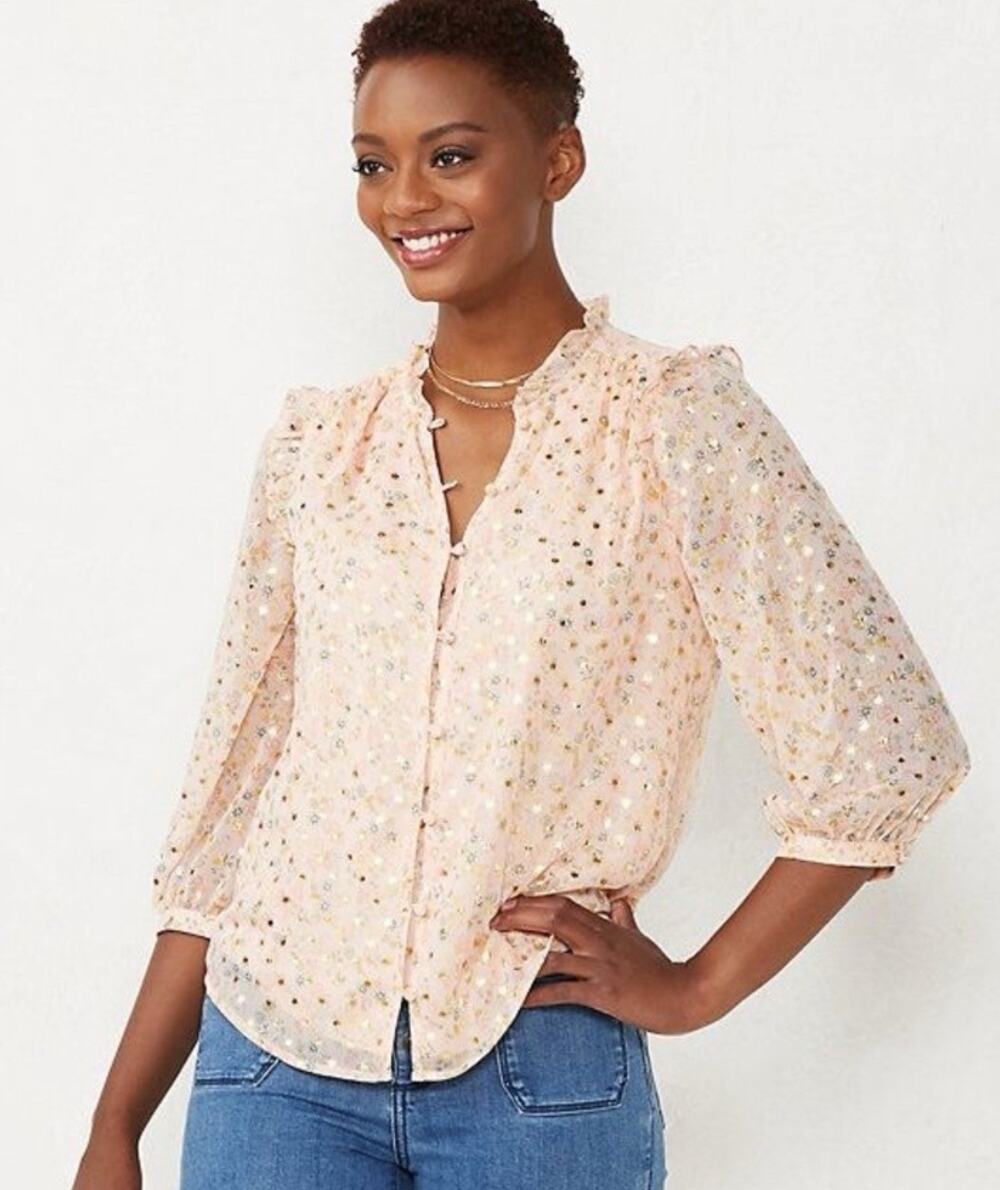 LC Lauren Conrad Top XL Floral Peasant Blouse Long Sleeve Chiffon Ruffled Boho